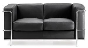 Add Belmont - Contemporary Cubed Leather Faced Reception Two Seat Settee with Stainless Steel Frame - Black