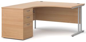 Add Furniture 1400mm Wide Beech MFC Left Handed Crescent Double Strut Cantilever Corner Desk Inc Desk High 3D Pedestal