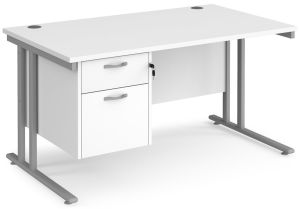 Add Furniture White MFC Rectangular Double Strut Cantilever Desk 1400mm Wide 800mm Deep Inc 2D Fixed pedestal