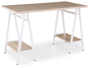 Add home office workstation with trestle legs – Windsor oak with white frame