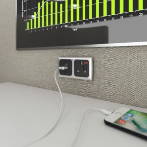 Add meeting booth, panel mounted power module 1 x UK socket, 1 x TUF (A&C connectors) USB charger - silver/black