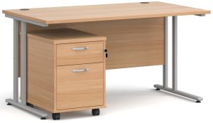 Add Furniture Beech MFC Rectangular Double Strut Cantilever Desk 1400mm Wide 800mm Deep Inc 2D mobile pedestal