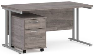 Add Furniture Grey Oak MFC Rectangular Double Strut Cantilever Desk 1400mm Wide 800mm Deep Inc 2D mobile pedestal