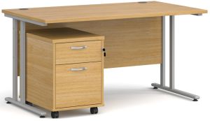 Add Furniture Oak MFC Rectangular Double Strut Cantilever Desk 1400mm Wide 800mm Deep Inc 2D mobile pedestal