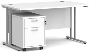 Add Furniture White MFC Rectangular Double Strut Cantilever Desk 1400mm Wide 800mm Deep Inc 2D mobile pedestal