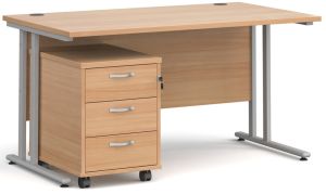 Add Furniture Beech MFC Rectangular Double Strut Cantilever Desk 1400mm Wide 800mm Deep Inc 3D mobile pedestal